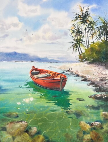 Red Boat in Emerald Bay "Red Boat in Emerald…" başlıklı Tablo Eugenia Gorbacheva tarafından, Orijinal sanat, Suluboya