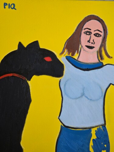 Schilderij getiteld "LA FEMME AU JAGUAR…" door Gilles Piquereau, Origineel Kunstwerk, Olie Gemonteerd op Frame voor houten b…