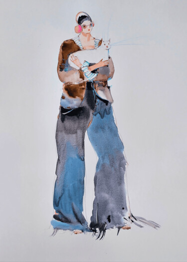 绘画 标题为“Surreal Woman & Cat…” 由Olga Sova, 原创艺术品, 水彩