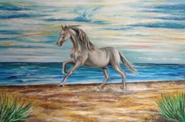 Schilderij getiteld "Pferd am Ufer" door Olga Milova, Origineel Kunstwerk, Olie Gemonteerd op Frame voor houten brancard