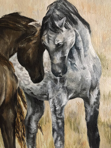 Painting titled "Silent Equine Bond" by Sultan Aubekerov, Original Artwork, Oil