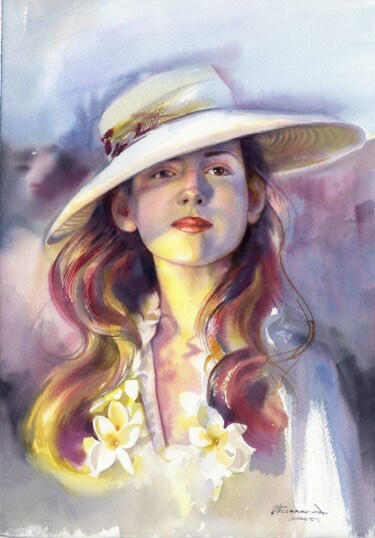 Girl in a hat in watercolor. Polina. Pintura intitulada "Girl in a hat in wa…" por Alla Prisakar, Obras de arte originais, Aquarela