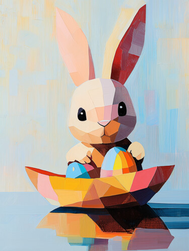 Modern Serenity: Cubist Bunny & Origami Boat Art Arts numériques intitulée "Modern Serenity: Cu…" par Anna Burger, Œuvre d'art originale, Peinture numérique