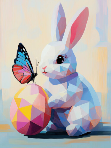 Cheerful Escape: Abstract Bunny and Butterfly Scene Arts numériques intitulée "Cheerful Escape: Ab…" par Anna Burger, Œuvre d'art originale, Peinture numérique