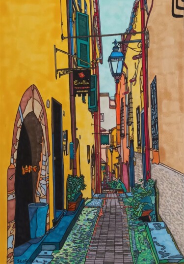 "Une rue de Cervo" başlıklı Resim Cathy Scosceria tarafından, Orijinal sanat, Işaretleyici