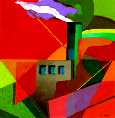 Painting titled "Paysage avec chemin…" by Christian Vidal, Original Artwork, Acrylic Mounted on Wood Panel