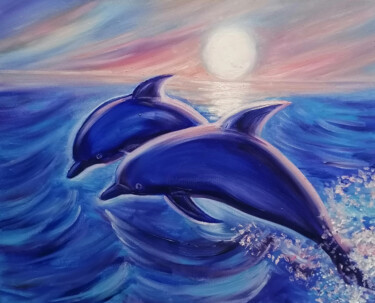 绘画 标题为“Morning Dolphins” 由Tatiana Shirova, 原创艺术品, 油 安装在木质担架架上
