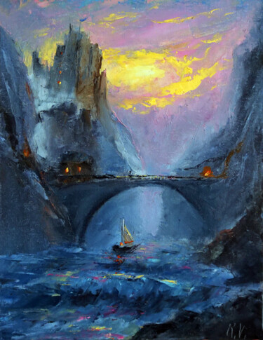 Pittura intitolato "Fantasy Castle and…" da Dr. Barmely, Opera d'arte originale, Olio Montato su Cartone
