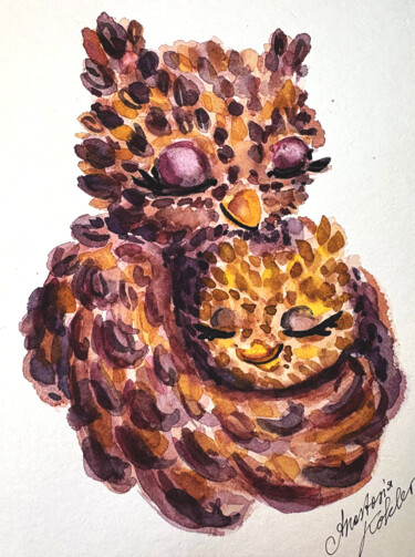 Mothers day, original acorn owl watercolor pixel art Peinture intitulée "Mothers day, origin…" par Anastasia Kokler, Œuvre d'art originale, Aquarelle
