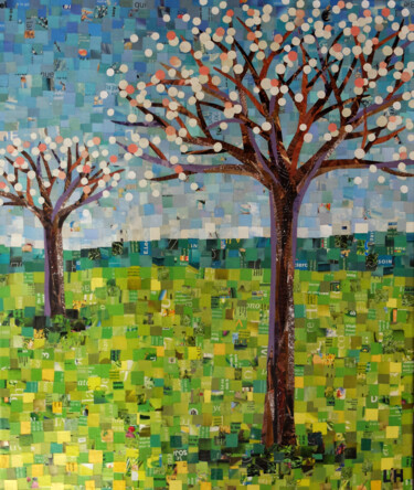 Collages titled "Jardin d'Hockney" by Laurence Hochin, Original Artwork, Collages Mounted on Wood Stretcher frame