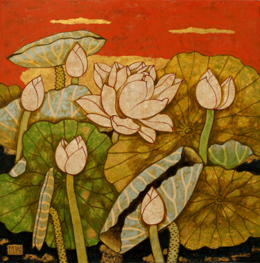 Картина под названием "First lotus of the…" - Du Bui Trong, Подлинное произведение искусства, лак Установлен на Деревянная п…