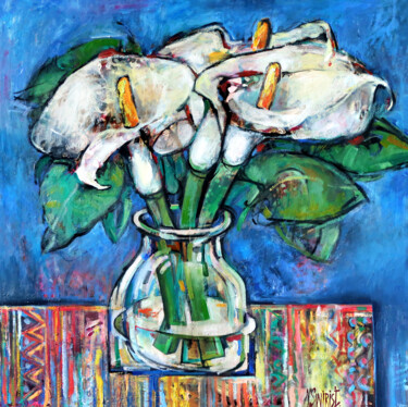 Painting titled "Calla flowers and c…" by Nikita Ostapenco, Original Artwork, Oil Mounted on Wood Stretcher frame