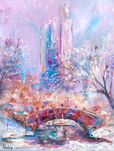 「Winter Bridge in Ce…」というタイトルの絵画 Natalia Shchipakinaによって, オリジナルのアートワーク, オイル ウッドストレッチャーフレームにマウント