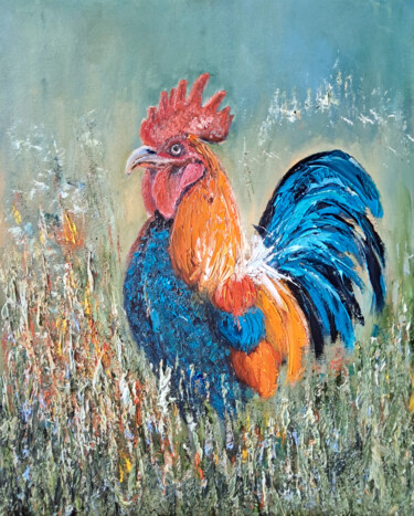 「The rooster」というタイトルの絵画 Maria Galanによって, オリジナルのアートワーク, オイル ウッドストレッチャーフレームにマウント