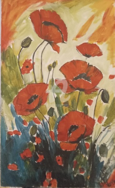 Painting titled ""Poppie's symphony "" by Veronica Dinca, Original Artwork, Acrylic Mounted on Wood Stretcher frame