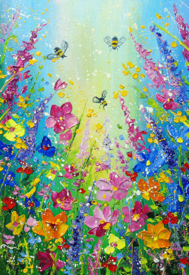 Bees at dawn Pintura intitulada "Bees at dawn" por Olha, Obras de arte originais, Óleo Montado em Cartão