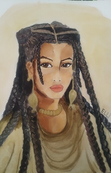 Schilderij getiteld "African girl with g…" door Elli Nathalie Korre, Origineel Kunstwerk, Aquarel