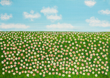Spring meadow with white and pink flowers Pintura intitulada "Spring meadow with…" por Irina Afonskaya, Obras de arte originais, Acrílico