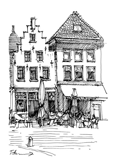Stepped Gables and Streetfront Café, Netherlands Arte digitale intitolato "Stepped Gables and…" da Tatiana Alekseeva, Opera d'arte originale, Inchiostro