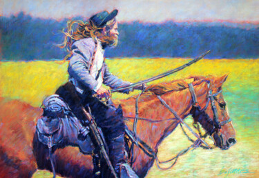 "Soldier on a Horse" Dessin intitulée ""Soldier on a Horse"" par Bill James Family Estate-Jo Ann James Trustee, Œuvre d'art originale, Pastel Mon…