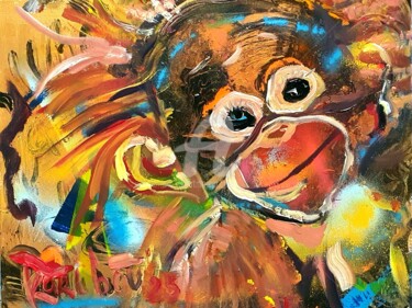 绘画 标题为“Äffchen auf Goldene…” 由Karibou Artist, 原创艺术品, 丙烯 安装在木质担架架上