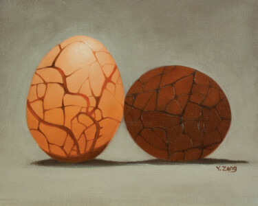 Pintura titulada "Two tea eggs" por Yue Zeng, Obra de arte original, Oleo Montado en Panel de madera