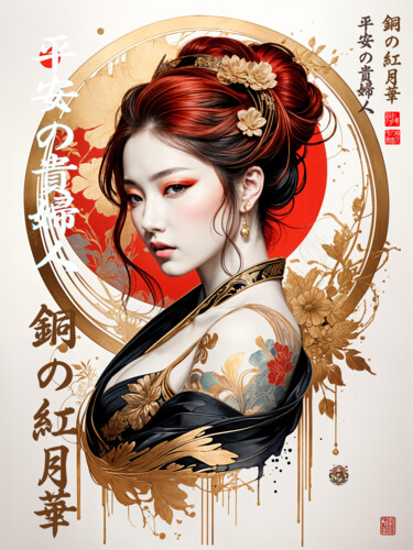 Copper Flowers In Red Moon - The Lady Of Heian Arte digitale intitolato "Copper Flowers In R…" da Daniel Arrhakis, Opera d'arte originale, Pittura digitale
