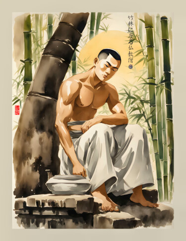 Buddhist Monk Seated In A Bamboo Field Arte digitale intitolato "Buddhist Monk Seate…" da Daniel Arrhakis, Opera d'arte originale, Pittura digitale