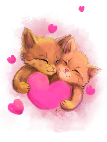 Mothers day, customizable heart illustration, two cute cats