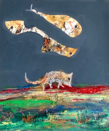 Kedi ve Balıklar "Kedi ve Balıklar" başlıklı Tablo Ahmet Öcal tarafından, Orijinal sanat, Akrilik