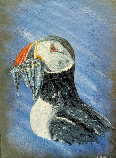 Painting titled "Macareux et sa pêche" by Alain Favé, Original Artwork, Oil Mounted on Stone