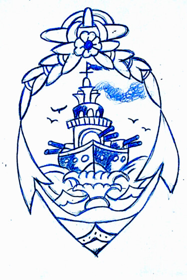 Tekening getiteld "Le navire de guerre" door José Espiguinha, Origineel Kunstwerk, Potlood