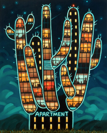 Cactus apartment Peinture intitulée "Cactus apartment" par Yue Zeng, Œuvre d'art originale, Huile Monté sur Châssis en bois