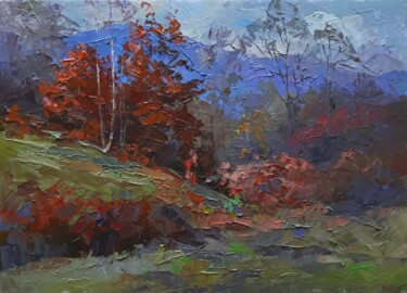 Painting titled "Burning autumn" by Boris Serdyuk, Original Artwork, Oil Mounted on Wood Stretcher frame