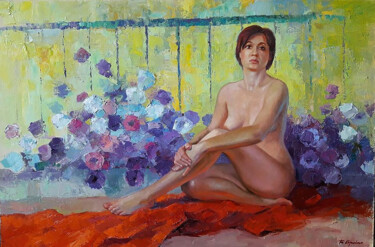 Woman in petunia Peinture intitulée "Woman in petunia" par Boris Serdyuk, Œuvre d'art originale, Huile Monté sur Châssis en bois