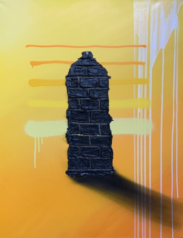 「400ml (jaune)」というタイトルの絵画 Mickael Bereriche (KESMO)によって, オリジナルのアートワーク, スプレー式塗料 ウッドストレッチャーフレームにマウント