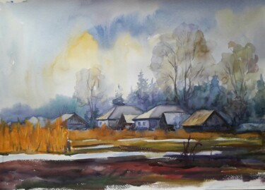 Painting titled "Last snow" by Boris Serdyuk, Original Artwork, Watercolor Mounted on Cardboard