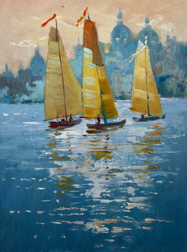Malarstwo zatytułowany „Three sailboats in…” autorstwa Yuriy Suprunchuk, Oryginalna praca, Olej Zamontowany na Karton