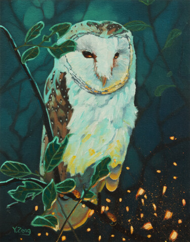 Painting titled "Nightly owl" by Yue Zeng, Original Artwork, Oil Mounted on Wood Panel