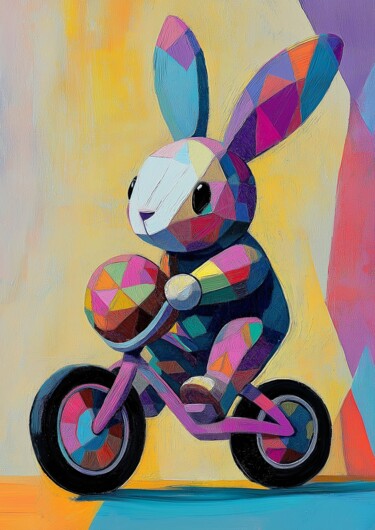 Joyride in Color: Easter Bunny on Wheels Arts numériques intitulée "Joyride in Color: E…" par Anna Burger, Œuvre d'art originale, Peinture numérique