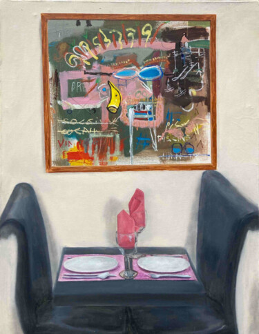Basquiat roux au restaurant Ζωγραφική με τίτλο "Basquiat roux au re…" από Coline Montagne, Αυθεντικά έργα τέχνης, Λάδι Τοποθετήθηκε στο Ξύλινο φορείο σκ…