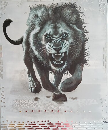 Collages intitolato "Lion sauvage" da Félina, Opera d'arte originale, Collages Montato su Telaio per barella in legno