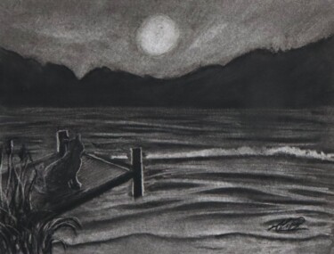 Tekening getiteld "Lonely cat" door Alicia Lopez, Origineel Kunstwerk, Houtskool