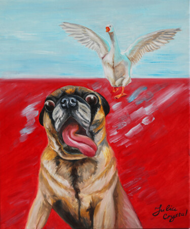 Scared pug dog running away from goose. Dog portrait. Painting titled "Scared pug dog runn…" by Julia Crystal, Original Artwork, Oil Mounted on Wood Stretcher frame