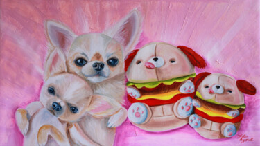 Chihuahua with their toys cheeseburger-dogs. Dog portraits Картина под названием "Chihuahua with thei…" - Julia Crystal, Подлинное произведение искусства, Масло Установлен на Деревянн…