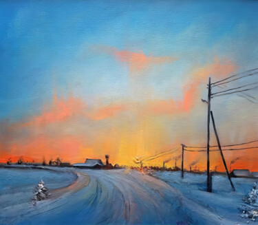 Dawn's Embrace Over Winter Peinture intitulée "Dawn's Embrace Over…" par Sultan Aubekerov, Œuvre d'art originale, Huile
