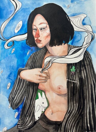 Schilderij getiteld "White Rabbit" door Ototoi, Origineel Kunstwerk, Aquarel