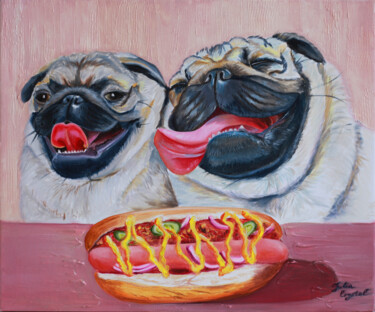 Two happy pug dogs enjoying a cheeseburger. Dog portraits. Pittura intitolato "Two happy pug dogs…" da Julia Crystal, Opera d'arte originale, Olio Montato su Telaio per barella in leg…