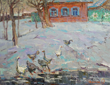 Schilderij getiteld "By the evening" door Oksana Ivanyuk, Origineel Kunstwerk, Olie Gemonteerd op Frame voor houten brancard