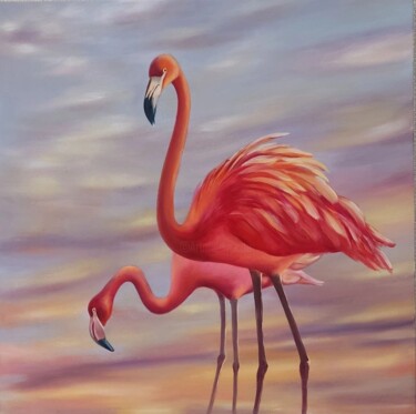 Pink flamingos at sunset 绘画 标题为“Pink flamingos at s…” 由Алёна Данкова, 原创艺术品, 油